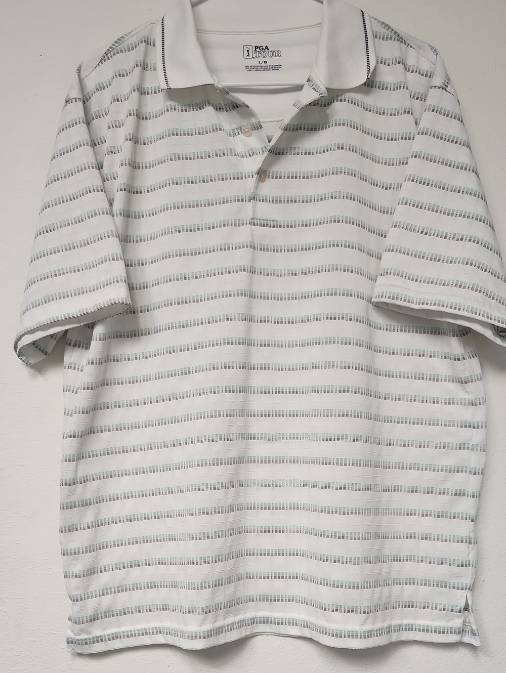PGA TOUR White Polo with light gray and teal horizontal stripes.